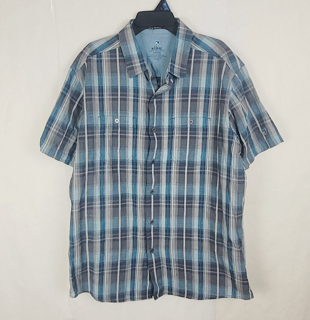 Kuhl Skorpio blue plaid linen blend short sleeved button up shirt Size large